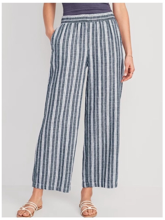 Old Navy Pants - NWT Old Navy Navy and White Vertical-Stripe Wide Leg Linen-Blend Pull On Pants